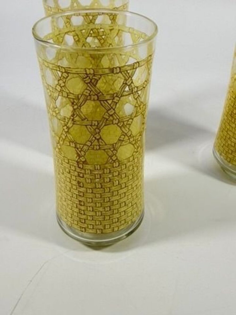Drinking Ice Tea Water Glasses Set 3 Libbey Woven Cane Rattan Bamboo Vintage - Picture 4 of 14